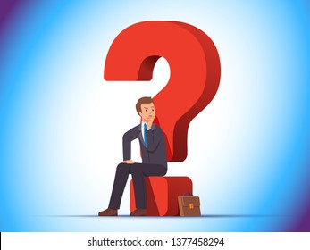 Puzzled business man sitting on a question mark, thinking, contemplating, asking himself important question. Hard choice in uncertainty concept. Flat vector character illustration