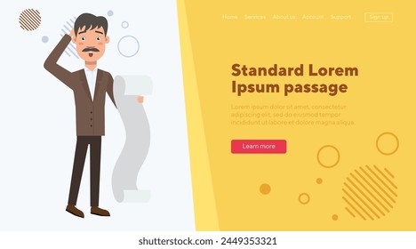 Puzzled businessman with financial report. Male bookkeeper holding accounting record. Flat vector illustration. Paperwork, accounting, finance, analytics concept for web design, banner, landing page
