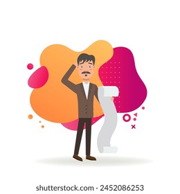 Puzzled businessman with financial report. Male bookkeeper holding accounting record. Flat vector illustration. Paperwork, accounting, finance, analytics concept for web design, banner, landing page