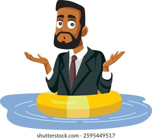 
Puzzled Businessman Wearing Lifebuoy Vector Concept Illustration. Business person feeling concerned using floating on water 
