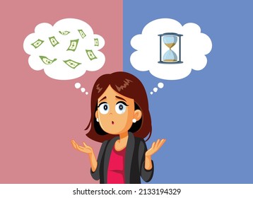 
Puzzled Businesswoman Choosing Between Money   Personal Life Vector Illustration  Puzzled lady deciding how to spend her time   plan her life


