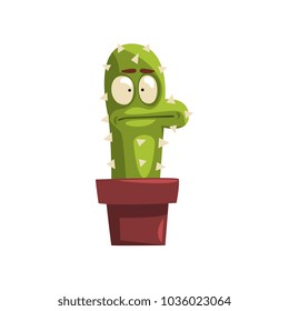 Puzzled cactus character in a clay pot, succulent plant with funny face in flowerpot vector Illustration isolated on a white background