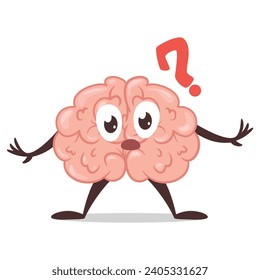 Puzzled cartoon brain with question mark brainstorming mascot vector flat illustration. Pensive internal organ character intelligence imagination knowledge clever concentration thinking funny symbol