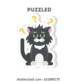 Puzzled cat sticker. Isolated cartoon sticker. Funny cat with question marks.