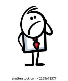 A puzzled character in a business suit looks up. Vector illustration of a stick figure man from the office.