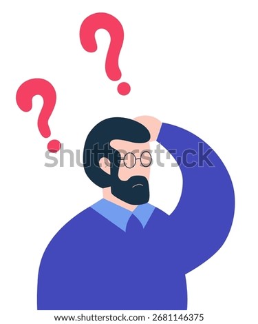 Puzzled and confused man with question marks. Frustration, doubt and problem solving concept. Decision making, choosing. Stress. Thinking, make choice or decision illustration. Vector.