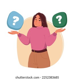 Puzzled confused person with concept questions. Business woman doubting, deciding, setting priorities. Make choice, decision. Employee thinking, analyzing two options flat vector isolated illustration