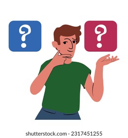 Puzzled confused person with concept questions. Man thinking, doubting, making choice, decision between two options, solving problem, deciding. Flat vector illustration isolated on white background.
