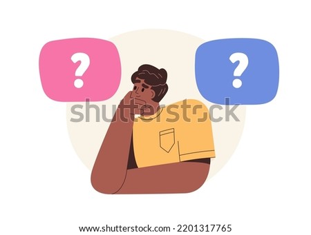 Puzzled confused person with concept questions. Man thinking, doubting, making choice, decision between two options, solving problem, deciding. Flat vector illustration isolated on white background