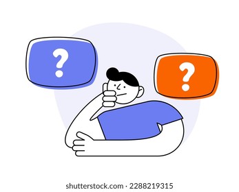 Puzzled, confused person with conceptual questions. Person is thinking, doubting, making choice, deciding between two options, solving problem, making decision. Modern line vector illustration.