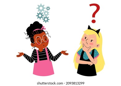 Puzzled confused school girls overthinking task or problem, flat vector illustration isolated on white background. Thinking children considering or reasoning.