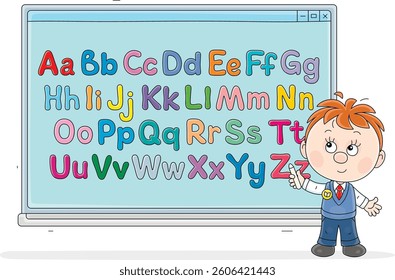 Puzzled cute little schoolboy thinking about a class task near an interactive whiteboard with colorful English letters at a lesson in elementary school, vector cartoon illustration on white