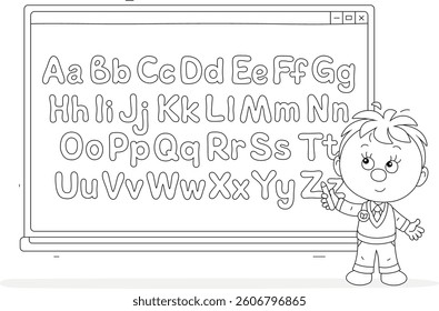 Puzzled cute little schoolboy thinking about a class task near an interactive whiteboard with colorful English letters at a lesson in elementary school, black and white vector cartoon illustration