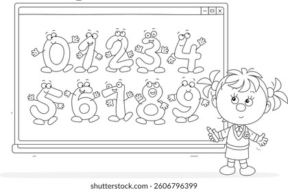 Puzzled cute little schoolgirl thinking about a class task near an interactive whiteboard with funny numbers at a math lesson in elementary school, black and white vector cartoon illustration