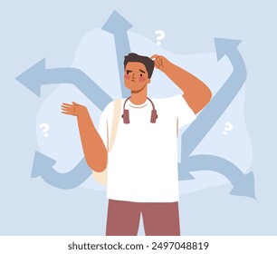 Puzzled diverse man thinking of dilemma and choosing the path. Uuncertainty concept. Hand-drawn vector illustration.