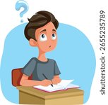 
Puzzled Doubtful Student Writing in Class Vector Cartoon. Doubtful teen boy thinking about answering test questions 
