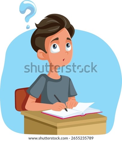 
Puzzled Doubtful Student Writing in Class Vector Cartoon. Doubtful teen boy thinking about answering test questions 
