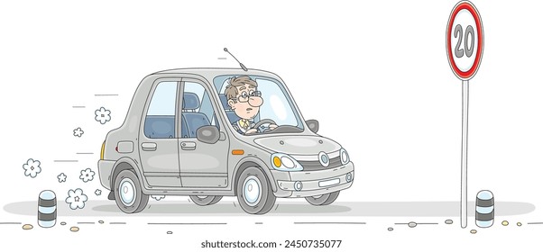 Rätselhafter Autofahrer und ein unvernünftiges Straßenschild für Geschwindigkeitsbegrenzung auf einer Autobahn, Vektorgrafik Cartoon-Illustration auf Weiß