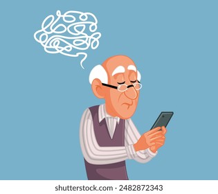 
Puzzled Elderly Man Trying to Remember Phone Password Vector Cartoon. Sad grandpa suffering memory loss with aging 
