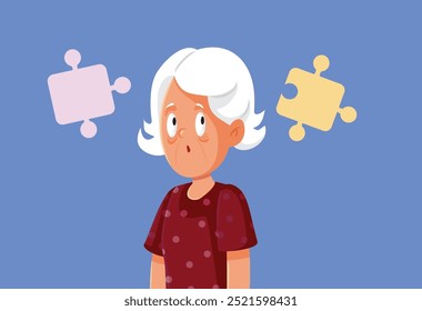 
Puzzled Elderly Woman Feeling Confused Vector Character. Surprised grandma feeling lost and disoriented from amnesia 
