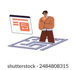 Puzzled employee searches way to success concept. Pondering person looks for solution of problems. Thoughtful man thinking about route from maze, labyrinth. Flat isolated vector illustration on white