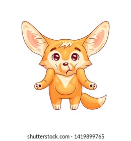 Puzzled fennec fox shrugs its shoulders. Cute kawaii cartoon character. Funny pose, emotion and face expression. Isolated on white background