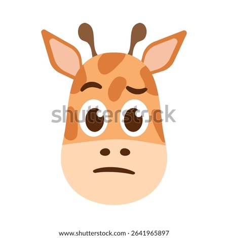 Puzzled funny Giraffe Face. Exotic spotted Animal head Thinking emoji style for avatars. African cute fauna Doubting. Cartoon color image for kids and zoo. Flat design. Isolated. Vector illustration