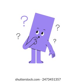 Puzzled geometric shape with question marks thinking. Thoughtful rectangle figure doubts, asks. Character with confused facial expression. Flat isolated vector illustration on white background