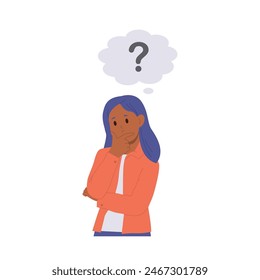 Puzzled girl child isolated cartoon character with question over head showing uncertainty gesture