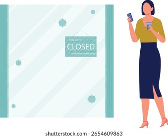 Uma menina intrigada olha para uma placa fechada no quadro de uma loja online, se perguntando sobre a disponibilidade da loja.