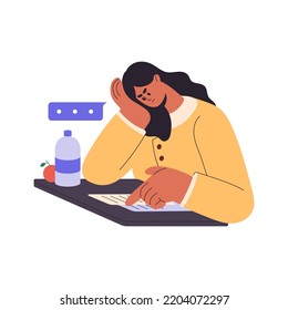 Puzzled Girl Student Thinks About Difficult Task In Exam Paper. Confused Embarrassed Person At Desk At College Examination, Academic Test. Flat Graphic Vector Illustration Isolated On White Background