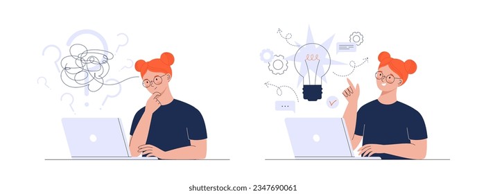 A puzzled girl works on her laptop. The process of solving a problem. A girl find a great idea. A girl working on her laptop. Bulb lamp as symbol of creative idea. Vector illustration