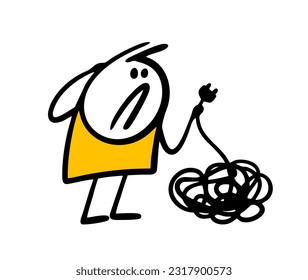 Puzzled guy is holding a plug with a  wire tangled in a tangle. Vector illustration of a problem with electricity. Cartoon stickman isolated on white background.