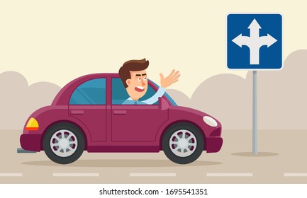 Puzzled and indecisive driver stopped near a sign - three way fork in the road and does not know where to drive. Man cannot make a choice, make a decision. Vector illustration, flat cartoon style.