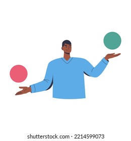 Puzzled Indecisive Man  Thinking, Analyzing Between Two Options. Questioned Employee Thinking. Make Choice, Weighing Decision, Doubting, Deciding, Setting Priorities. Flat Vector Illustration.