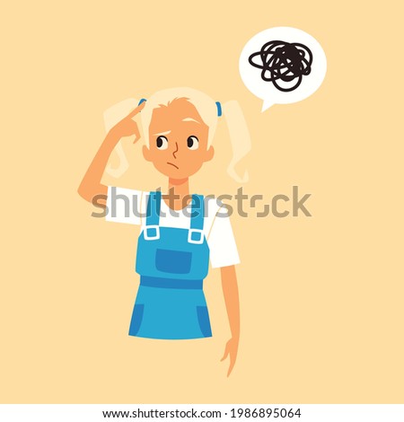 Puzzled kid girl tries solve problem. Upset child in stress because of mental, memory disorder or confusion think. Concept of education or psychology aid. Flat vector illustration.