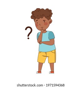Puzzled Little African American Boy with Question Mark Scratching His Chin Wondering Vector Illustration