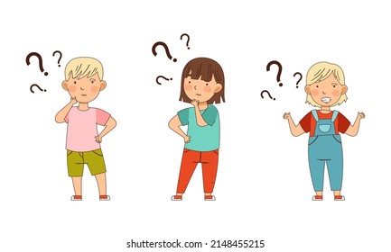 Puzzled Little Boy and Girl with Question Mark Scratching Head Wondering Vector Illustration Set