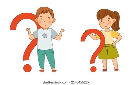 Puzzled Little Boy and Girl with Question Mark Wondering and Solving Task Vector Illustration Set