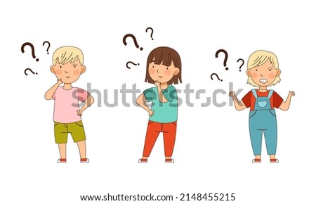 Puzzled Little Boy and Girl with Question Mark Scratching Head Wondering Vector Illustration Set