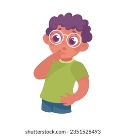 Puzzled Little Boy in Glasses Thinking and Wondering Vector Illustration