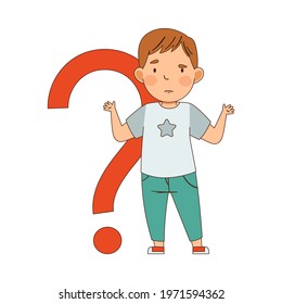 Puzzled Little Boy with Question Mark Shrugging His Shoulders Wondering Vector Illustration
