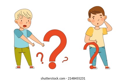 Puzzled Little Boy with Question Mark Scratching His Head Wondering Vector Illustration Set