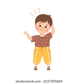 Puzzled Little Boy with Question Mark Scratching His Head Wondering Vector Illustration
