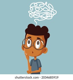 
Puzzled Little Boy Solving Logical Problem Vector Cartoon. Male student thinking and developing a complicated plan
