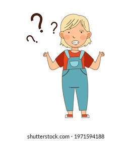 Puzzled Little Girl with Question Mark Shrugging Her Shoulders Wondering Vector Illustration