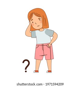 Puzzled Little Girl with Question Mark Scratching Her Head Wondering Vector Illustration