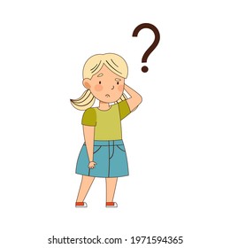 Puzzled Little Girl with Question Mark Scratching Her Head Wondering Vector Illustration