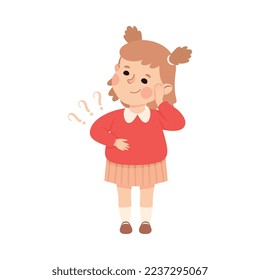 Puzzled Little Girl with Question Mark Scratching Her Head Wondering Vector Illustration