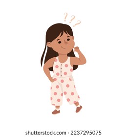 Puzzled Little Girl with Question Mark Scratching Her Head Wondering Vector Illustration